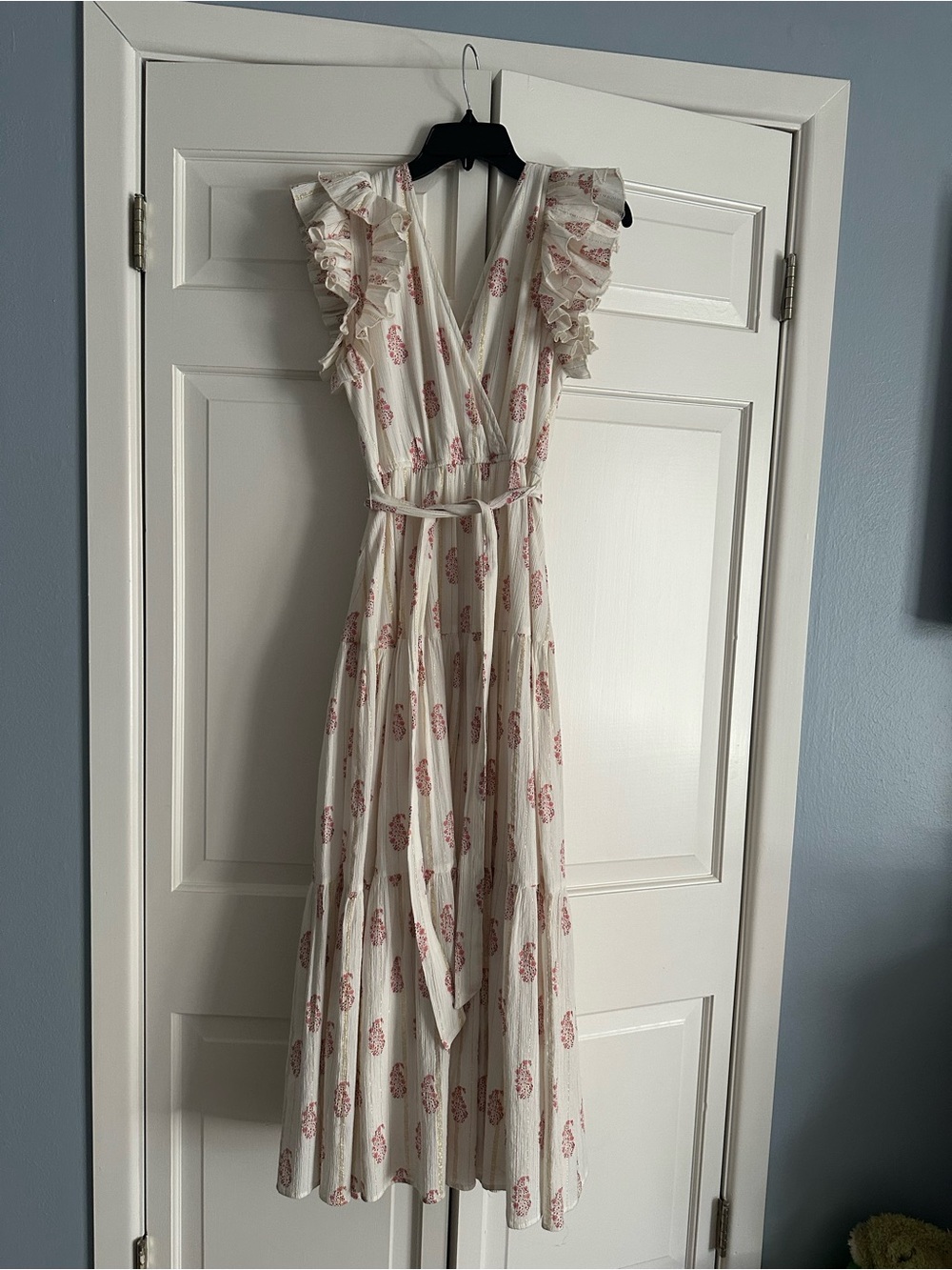 Floral Ruffle Sleeve Cream Maxi Dress with Pink Print